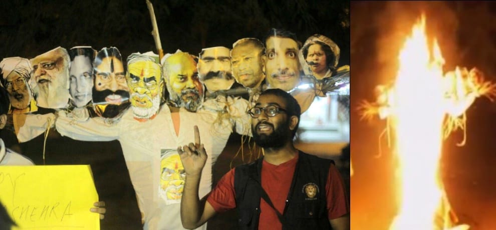 on dussehra eve jnu burns effigy of modi and ramdev instead of ravana