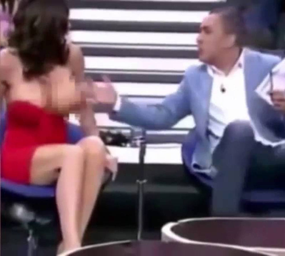 Yola Berrocal walks off TV set after presenter pulls her top down