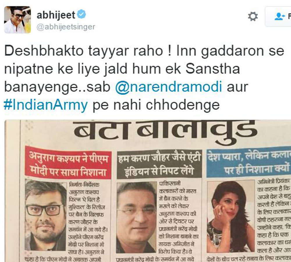 abhijeet bhattacharya slams bollywood celebs over pak artist