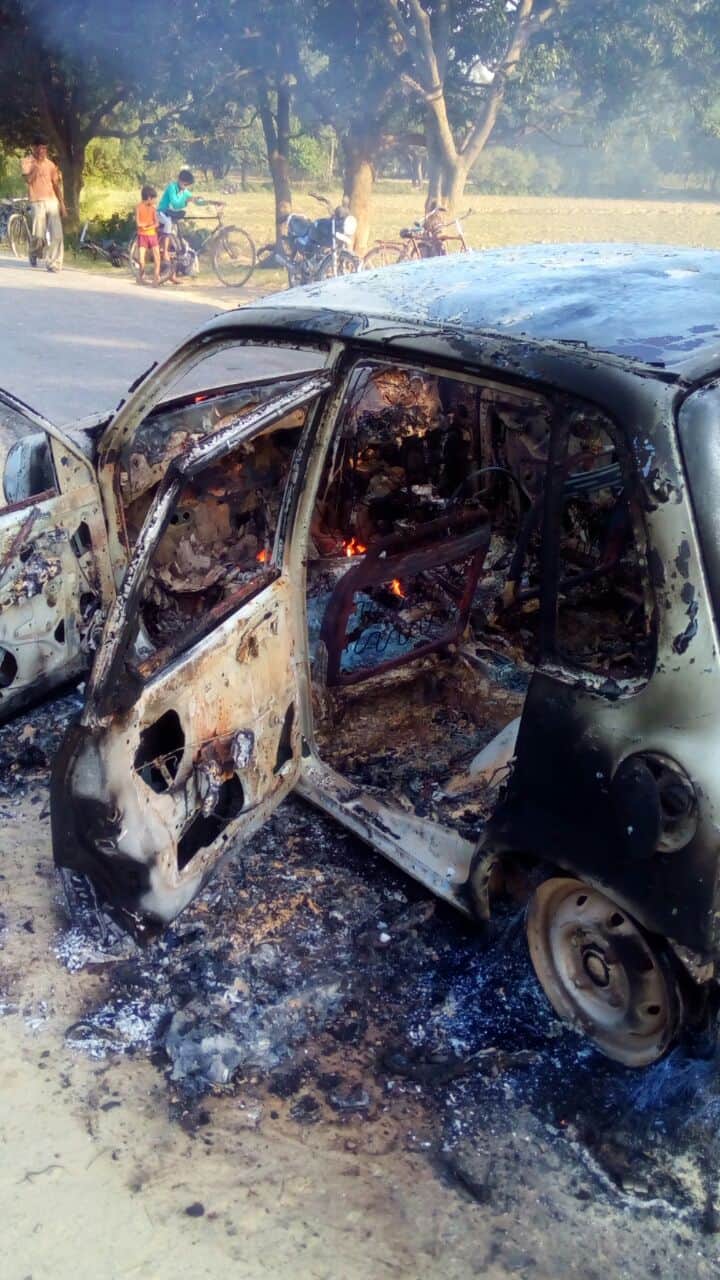 car caught fire near sai river lucknow
