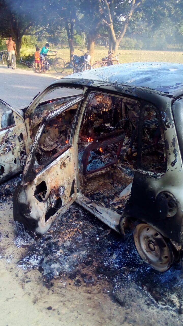 car caught fire near sai river lucknow
