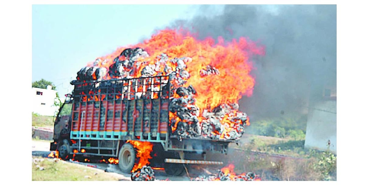 burning truck, panipat, haryana