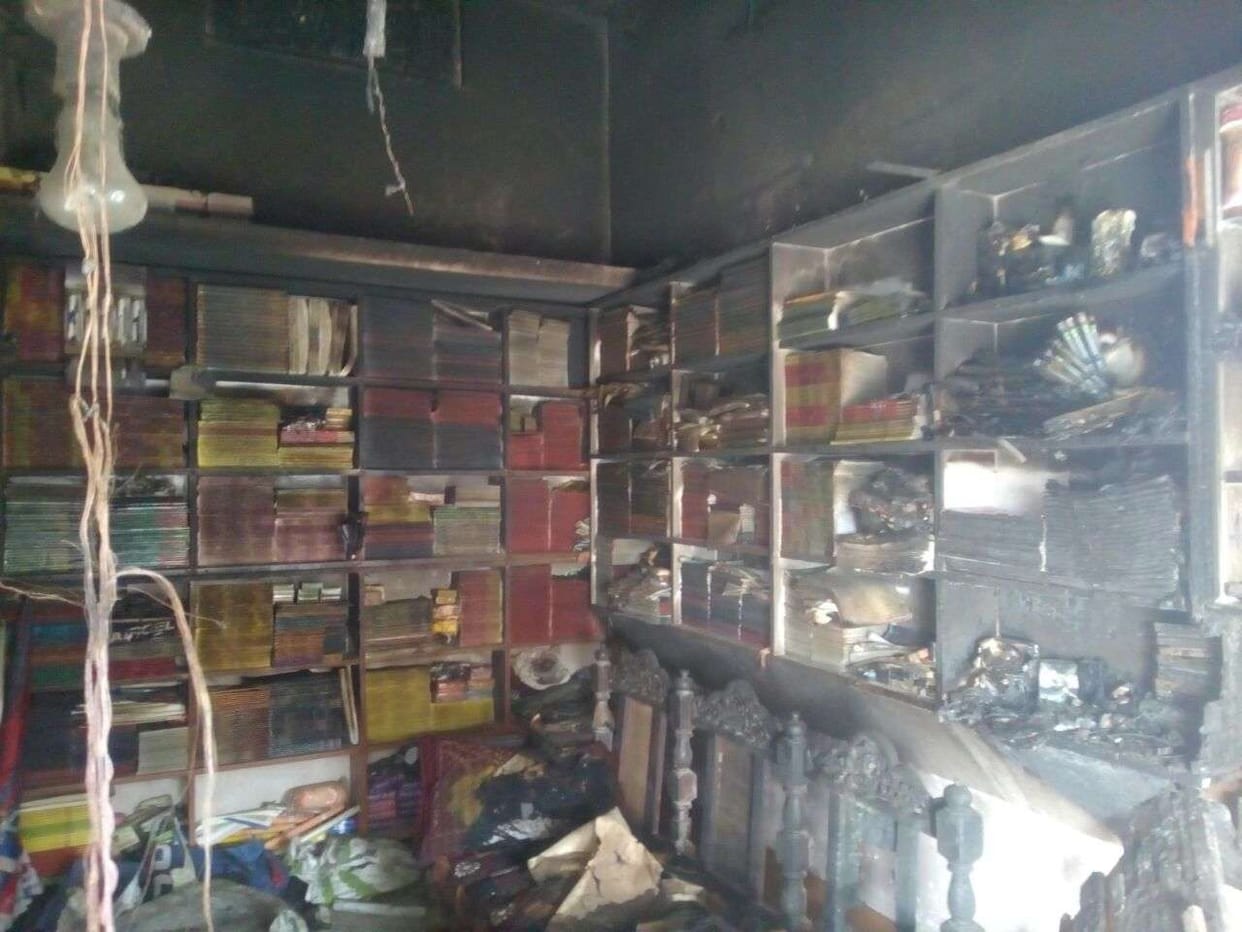 Fire caused by a short-circuit burned books