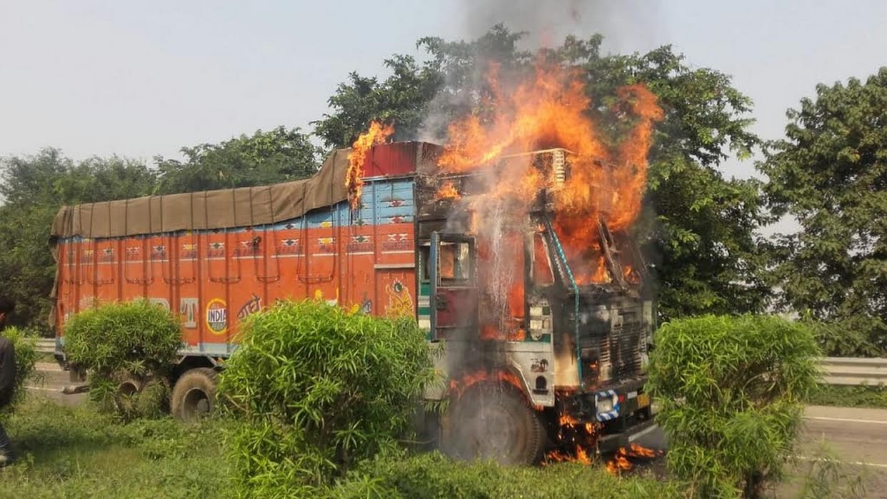 Plywood laden truck on fire