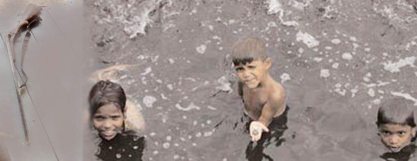 children searched a double barrel gun in river