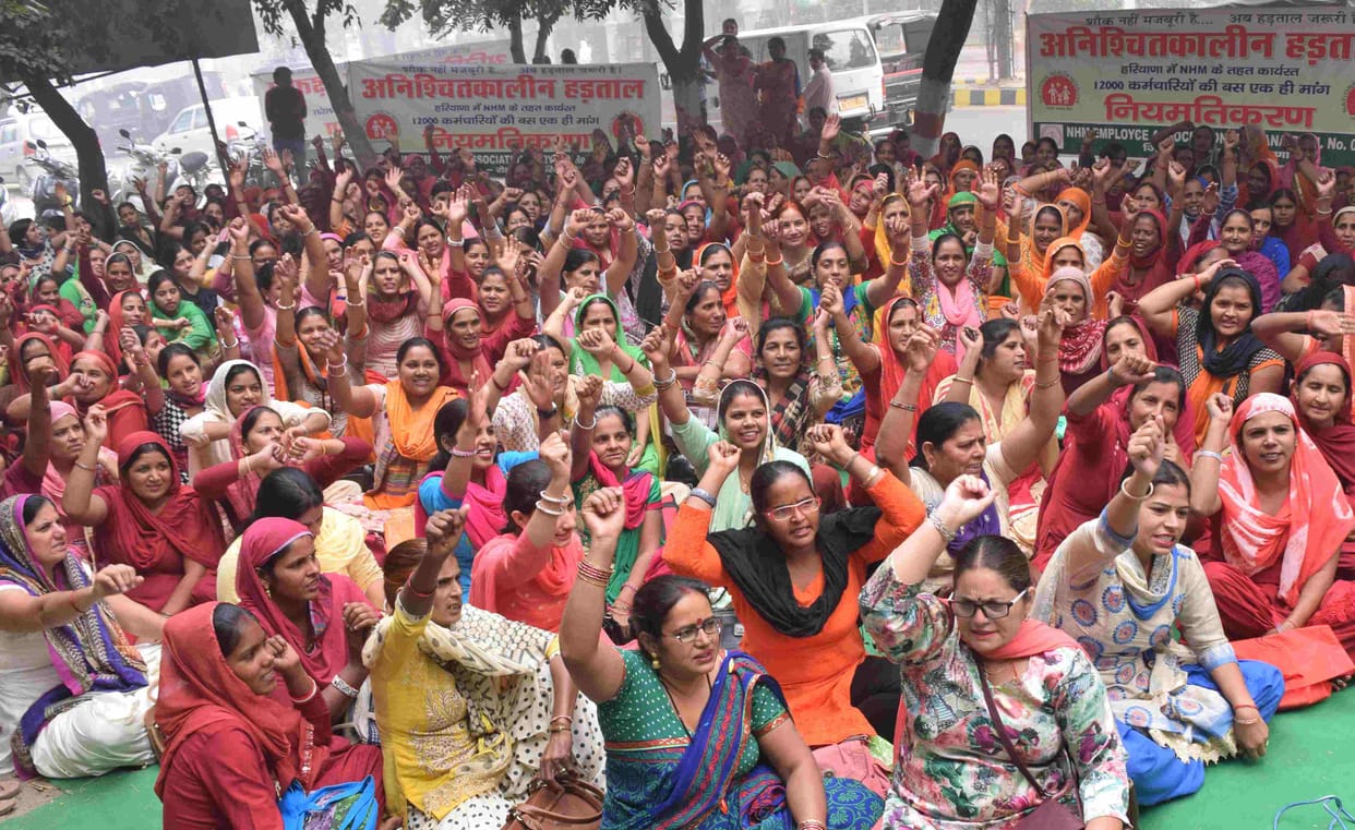   national health mission employees on strike, case, road jaam, protest, suspend