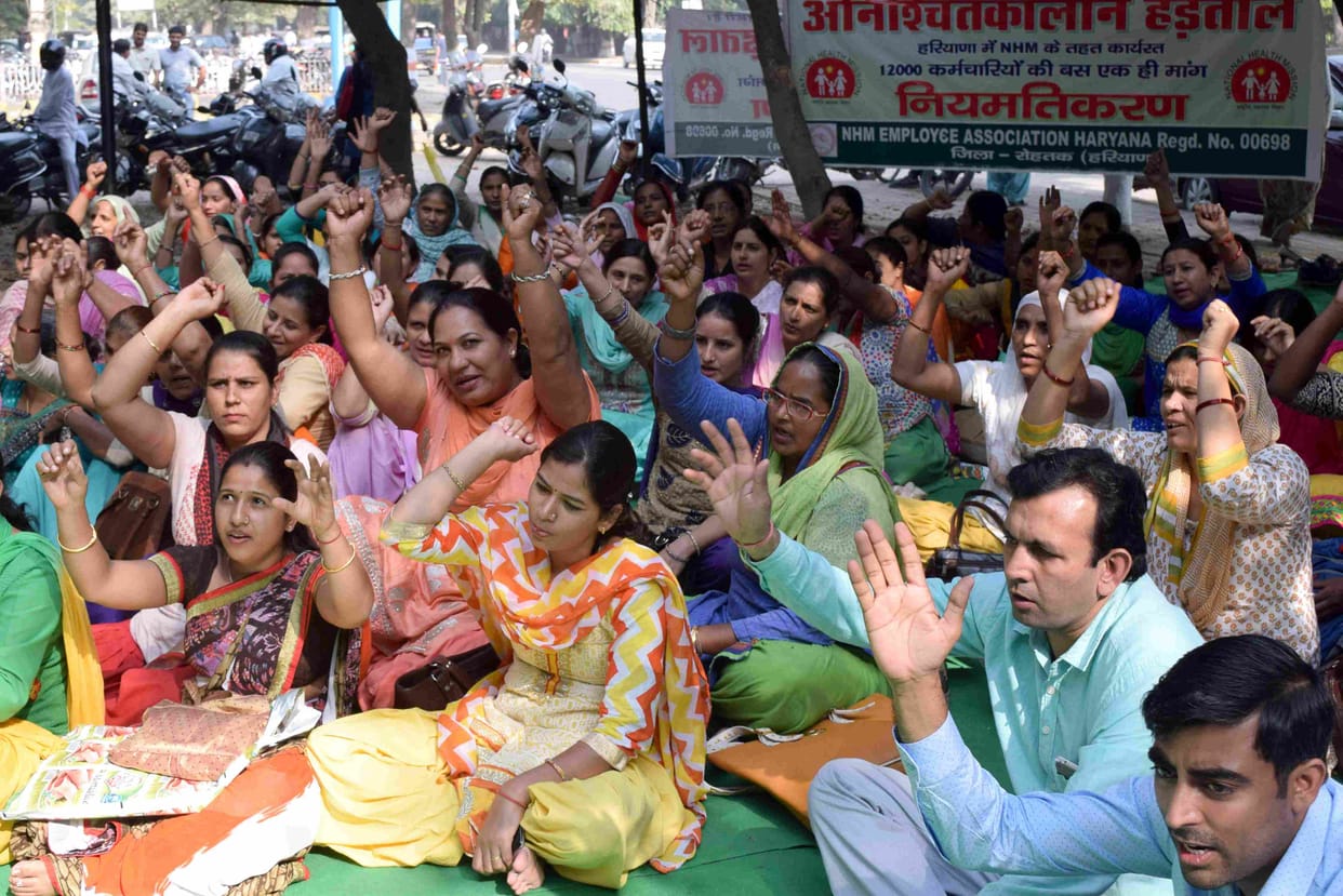worker, protest, nhm worker, rohtak, haryana