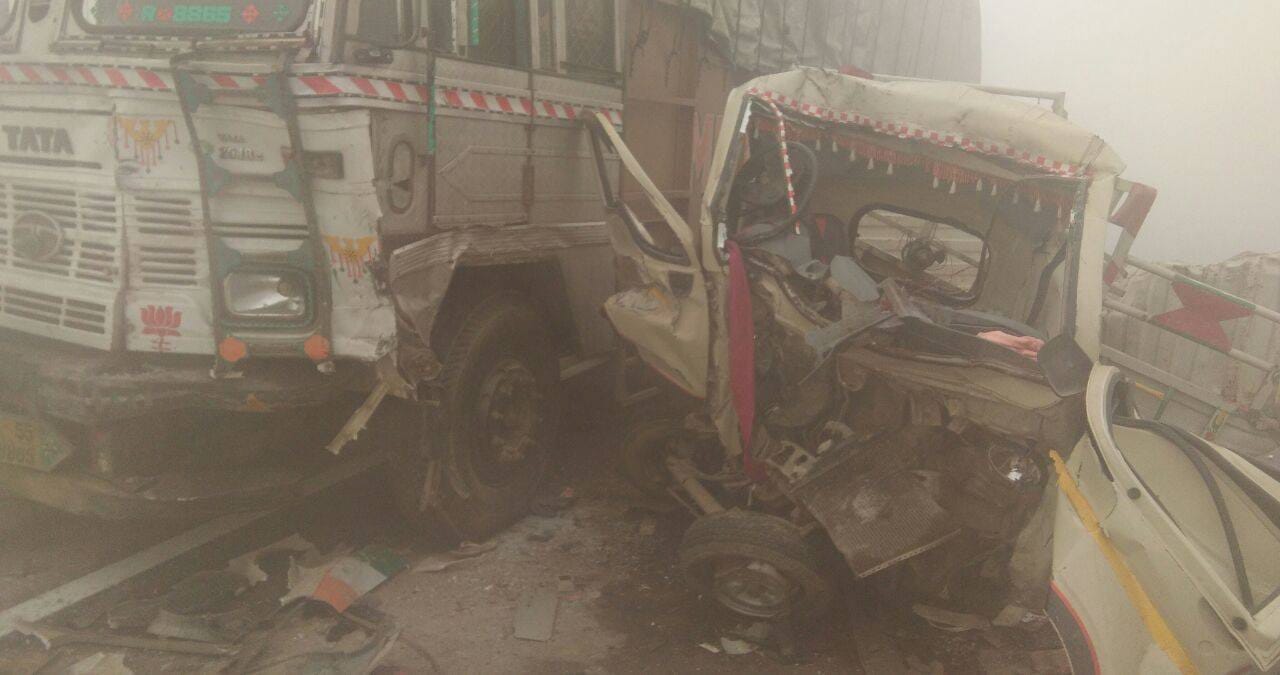 mini tempo suppressed by truck and bus in dabwali of sirsa, people killed