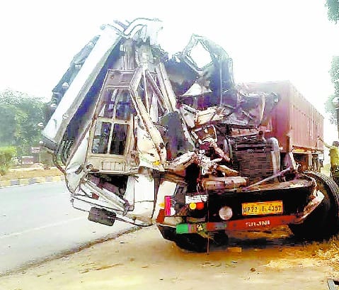 Truck hit standing container, highway jam