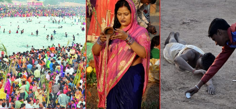 People who take vows to offer water to the setting sun descended Chhath Puja