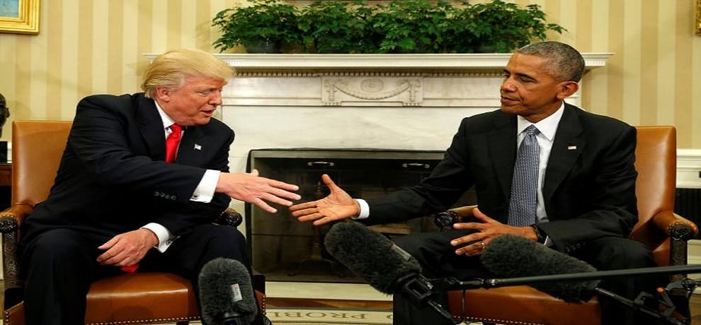 Donald Trump and Barack Obama in awkward first meeting