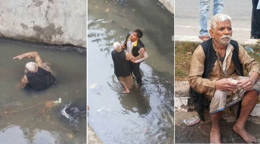 fireman saves life of old man fallen in to canal
