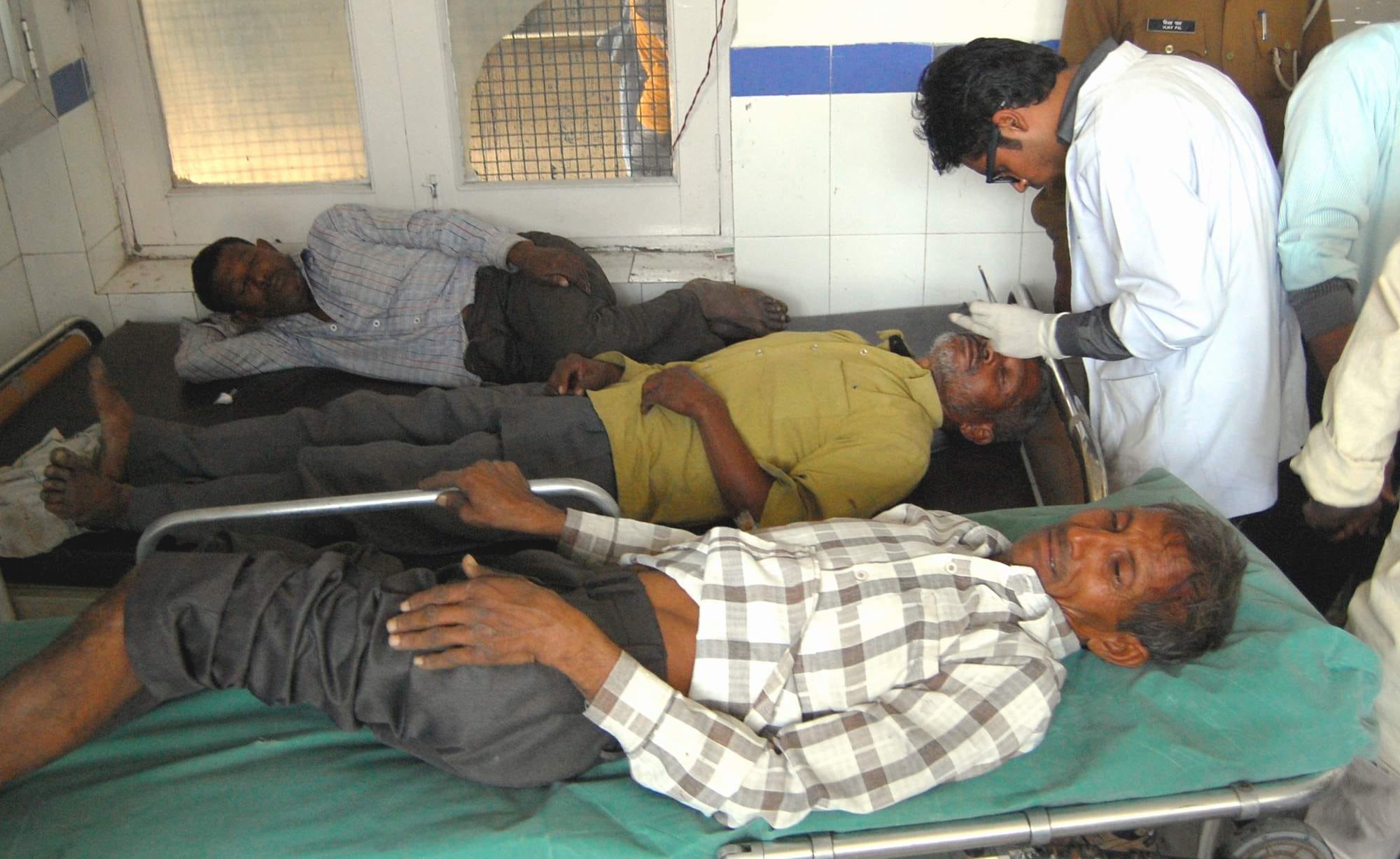 bus fell down in trench, 15 injured.