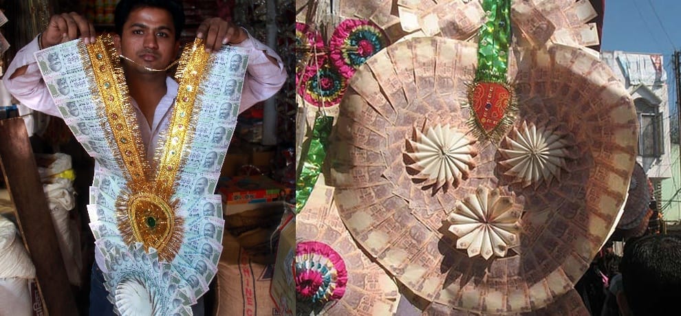 Demonetization: people purchasing garland of notes for their livelihood