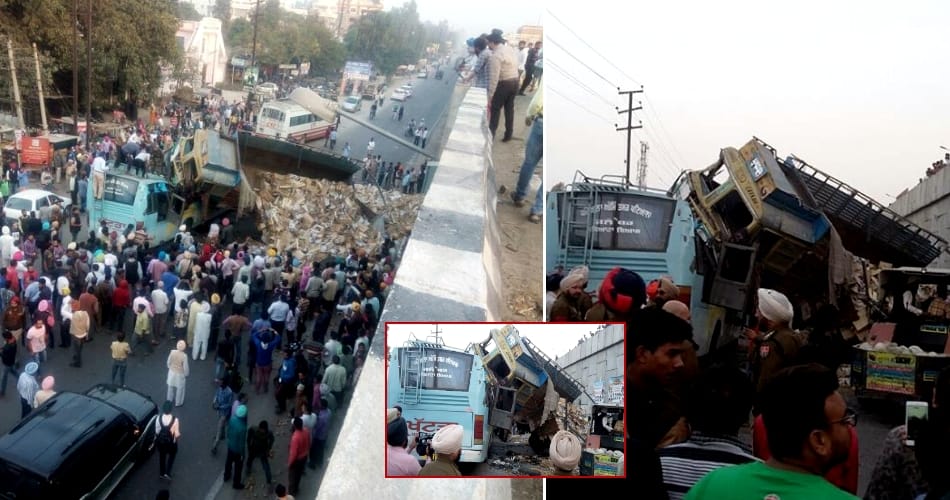 loaded truck fall on bus from flyover in khanna punjab