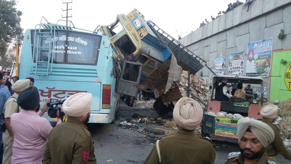 loaded truck fall on bus from flyover in khanna punjab