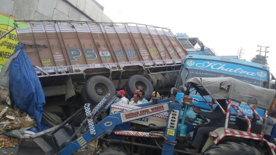 loaded truck fall on bus from flyover in khanna punjab