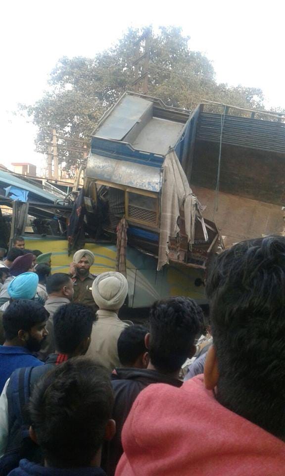 loaded truck fall on bus from flyover in khanna punjab