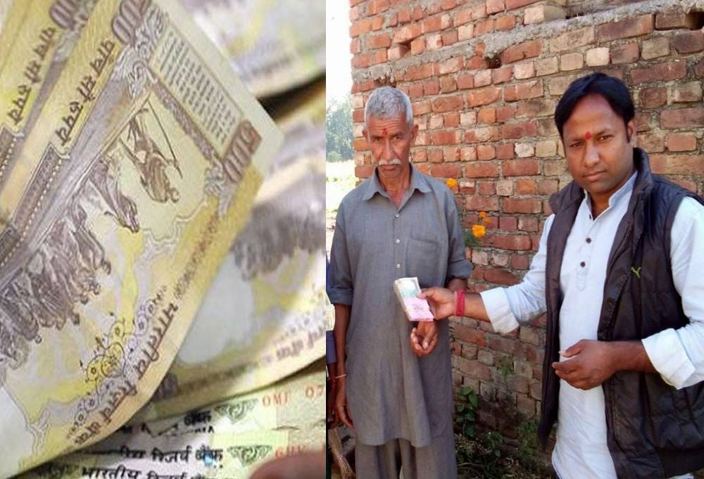 man distribute change money to needy.