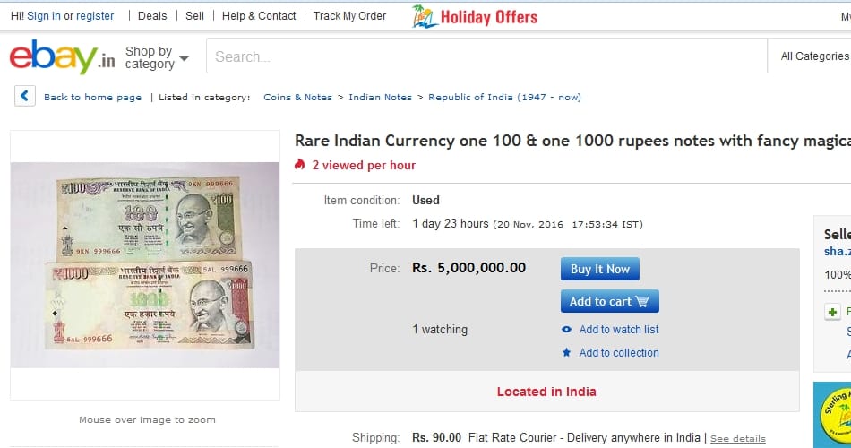 shopping website ebay selling 500 and 1000 old notes, particularly all kinds of special numbers