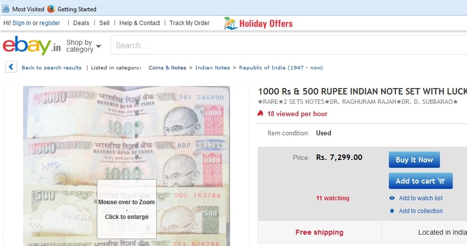 shopping website ebay selling 500 and 1000 old notes, particularly all kinds of special numbers