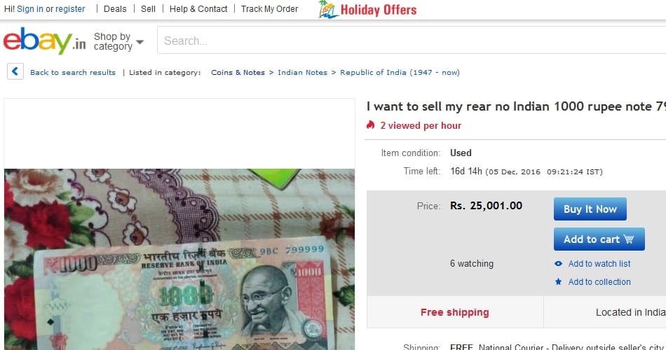 shopping website ebay selling 500 and 1000 old notes, particularly all kinds of special numbers
