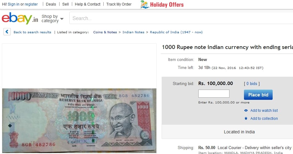 shopping website ebay selling 500 and 1000 old notes, particularly all kinds of special numbers