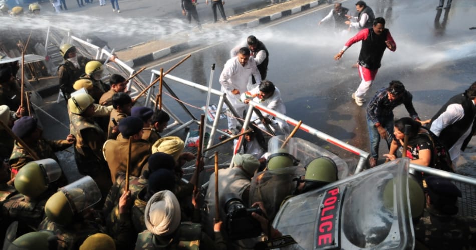 congress workers protest against amit shah in chandigarh, police use water canon to stop them