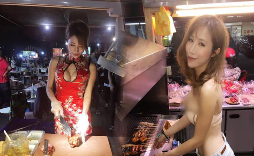 model does a roaring trade selling street food in bikinis
