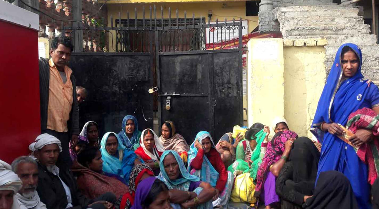 Women picketed the bank in front of the gate