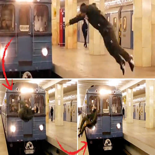 man jump across platform in front of speeding train
