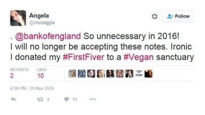 British new five pound note, vegeterians are angry