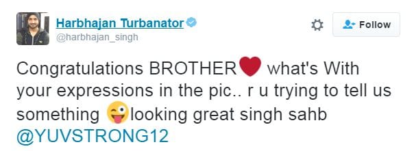 Harbhajan singh tweet on yuvraj singh marriage