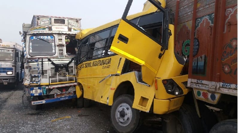 School bus collides with truck in fog