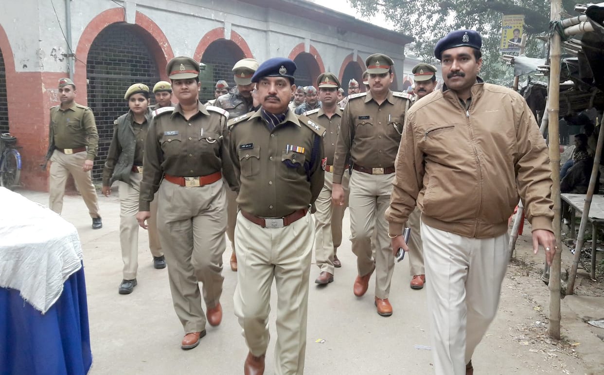 Police in the city pedestrian route march