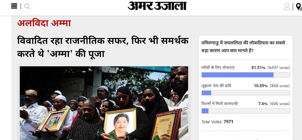 amar ujala poll: reason behind jayalalitha popularity is policies for poor  