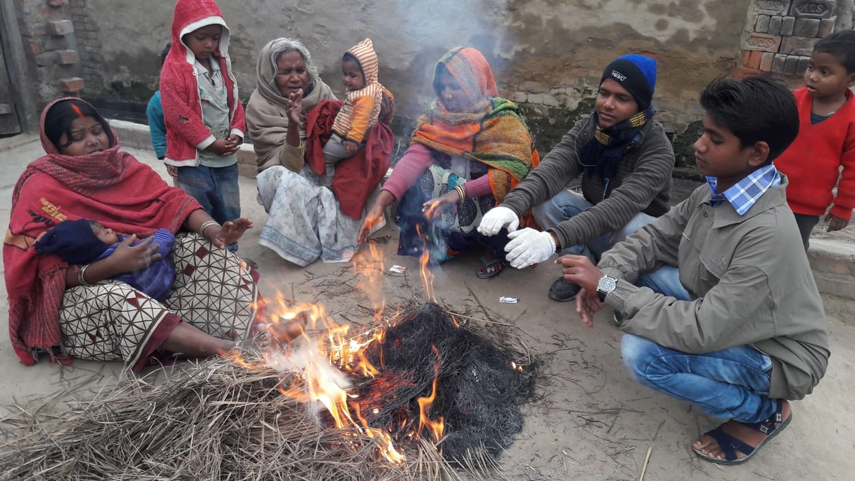 The air grew chill melting, bonfire burns