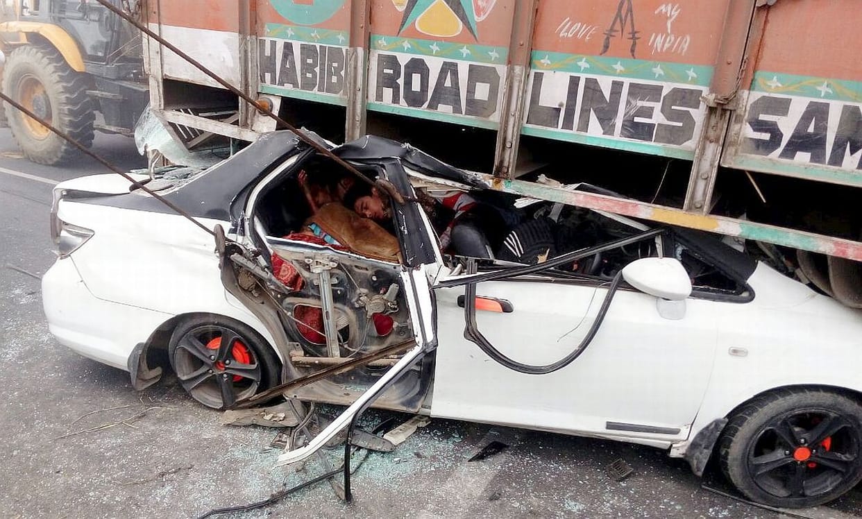 The truck entered the car, killing four people.