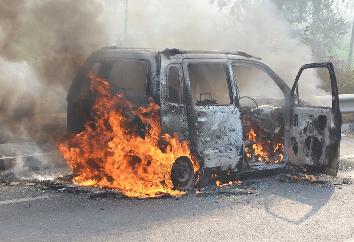 Fire on the highway moving car.