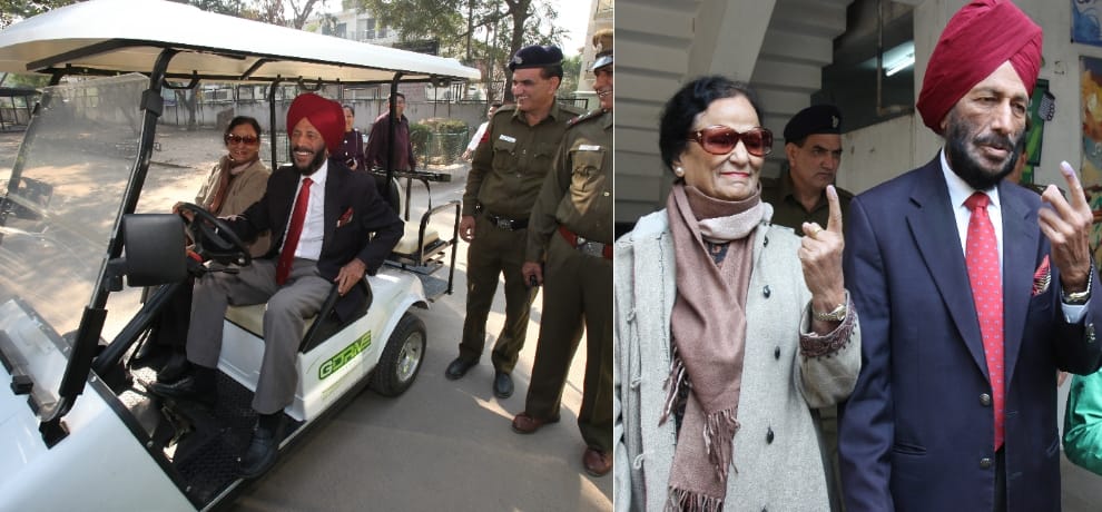 Between his posters Flying Sikh Milkha Singh arrived to vote