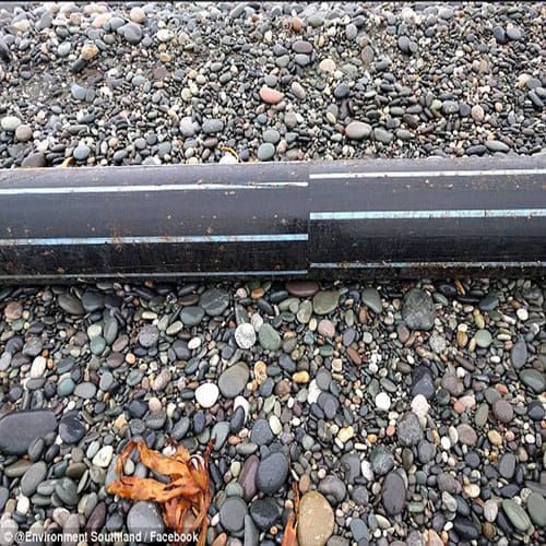 100 metre long pipe has washed up on a beach  
