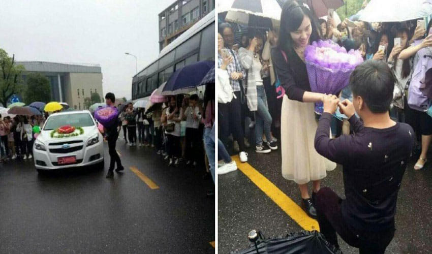 man proposes girlfriend with a bouquet made of currency