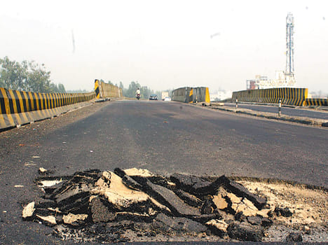 Highway overbridge near the sunken road, traffic disrupted