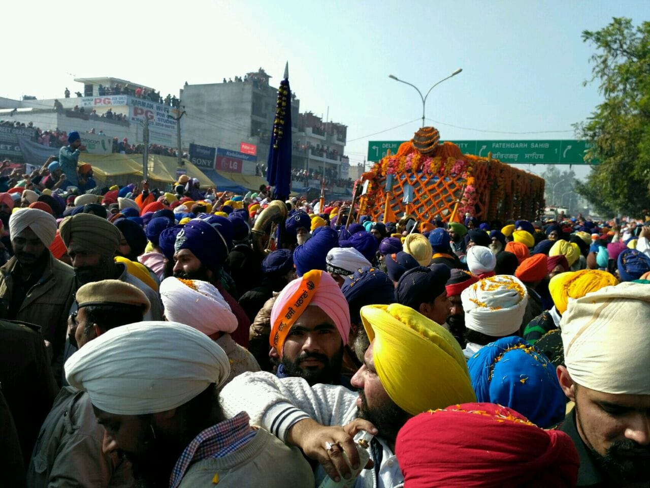 huge crowd of sikh sangat at shaheedi jod festival at fatehgarh sahib, nagar kirtan and gatka