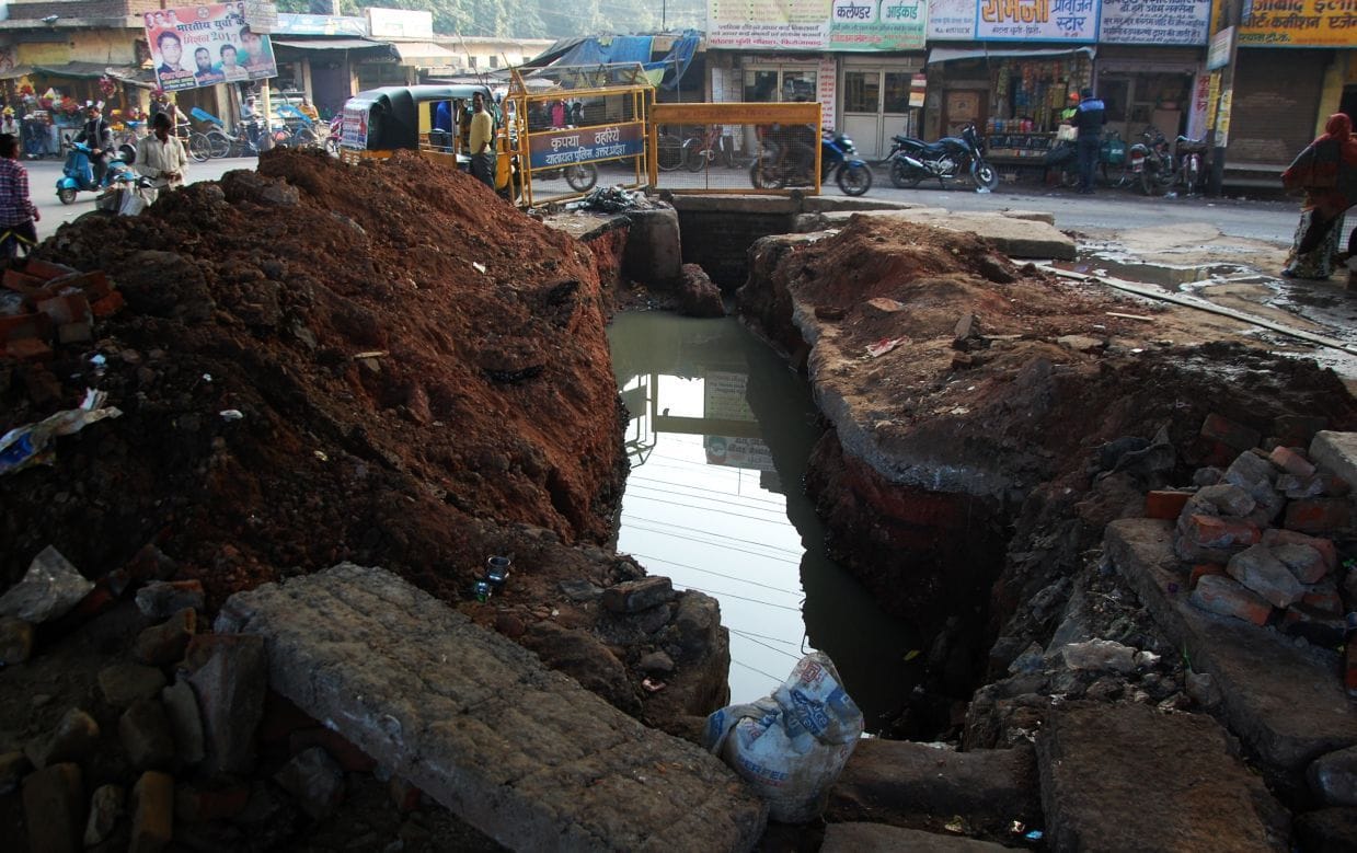 Dug up for sewer construction road