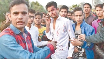 New Year woman, manipulating poles stick out fiercely, rumor of communal tension