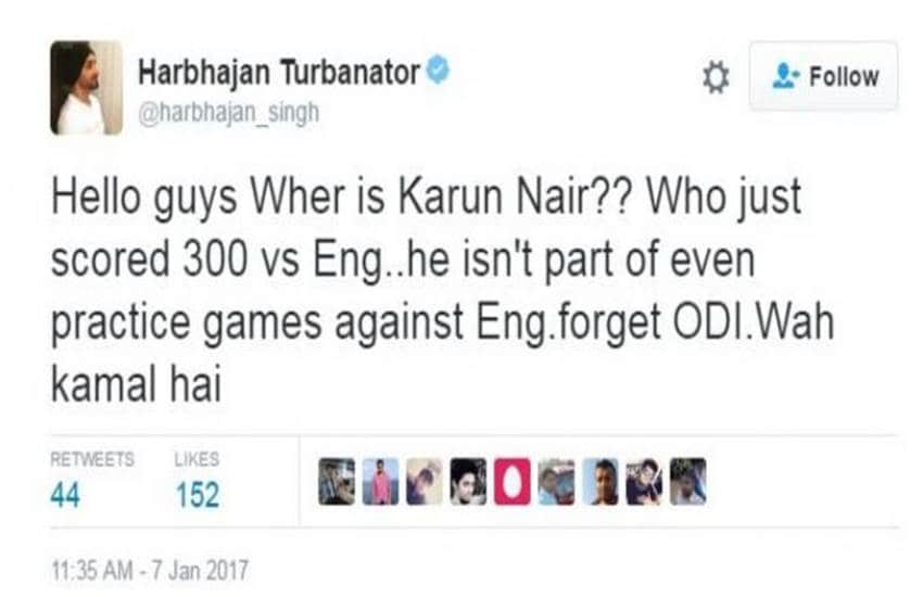 harbhajan singh slams selectors for ignoring karun nair while selecting team against England