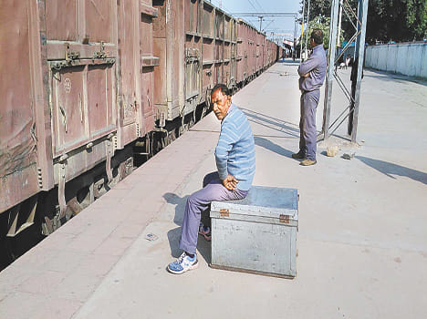 Diesel freight train stopped at the station ended