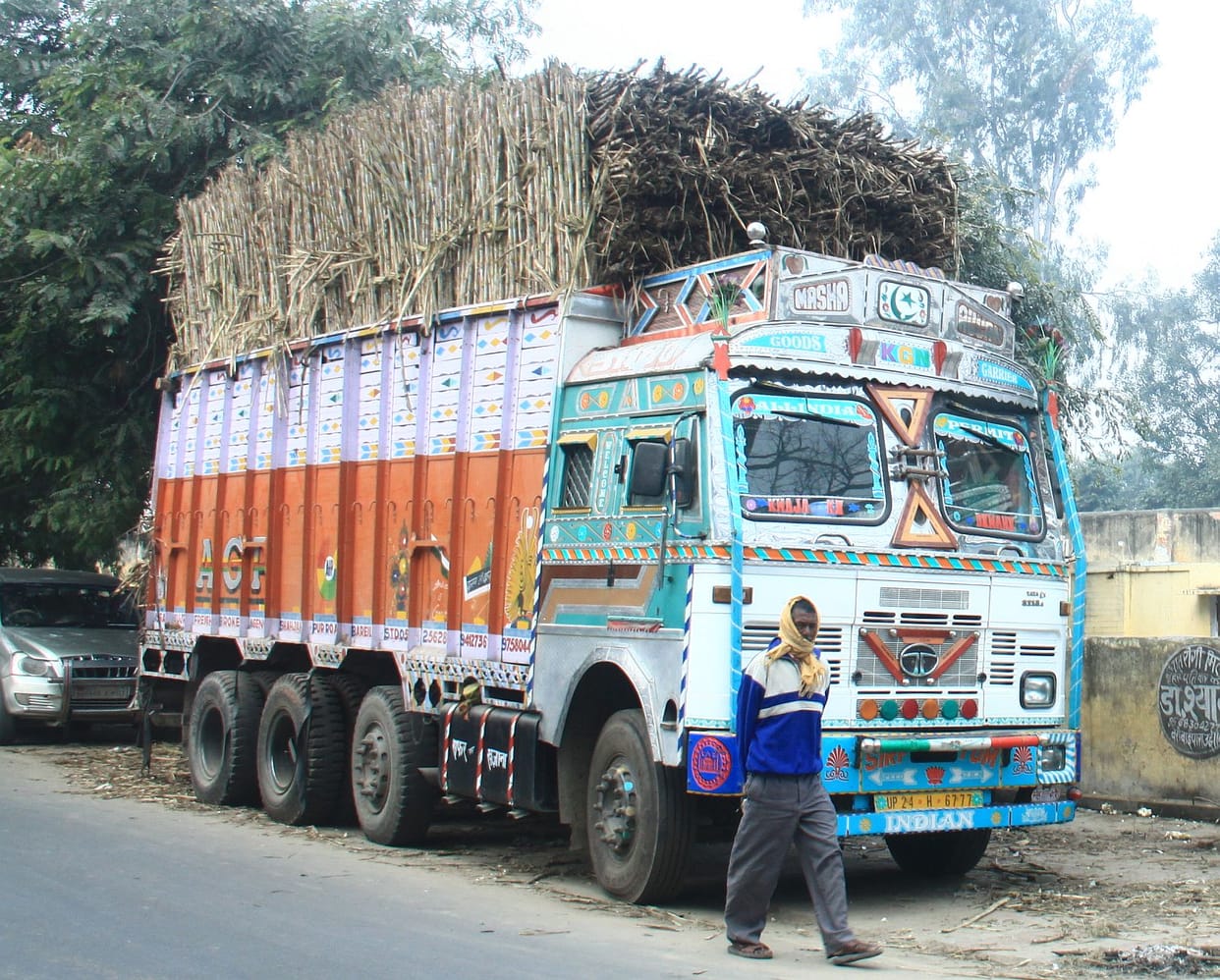two trucks caught with cane