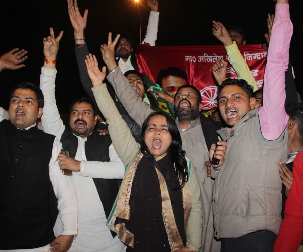 Akhilesh yadav supporter celebrates EC decision.